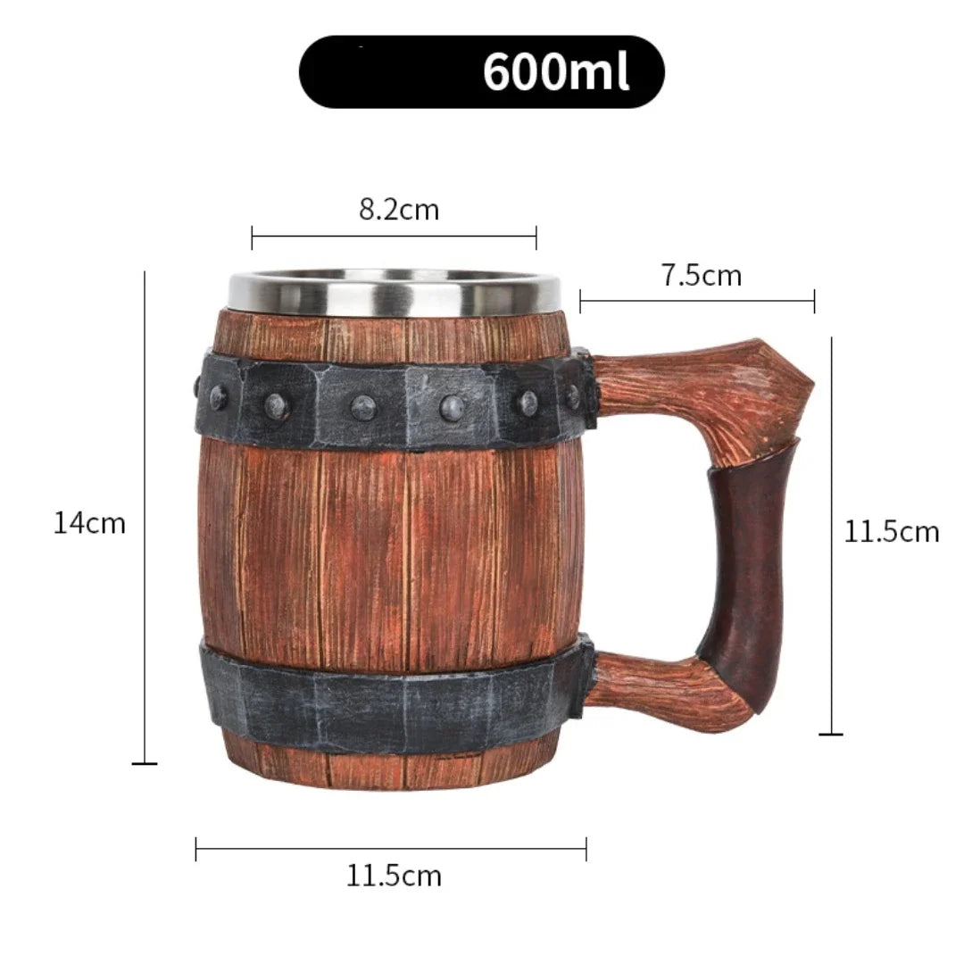 Viking wood style 3D resin beer mug with stainless steel and double wall thermal design, suitable for coffee, wine, or beer.