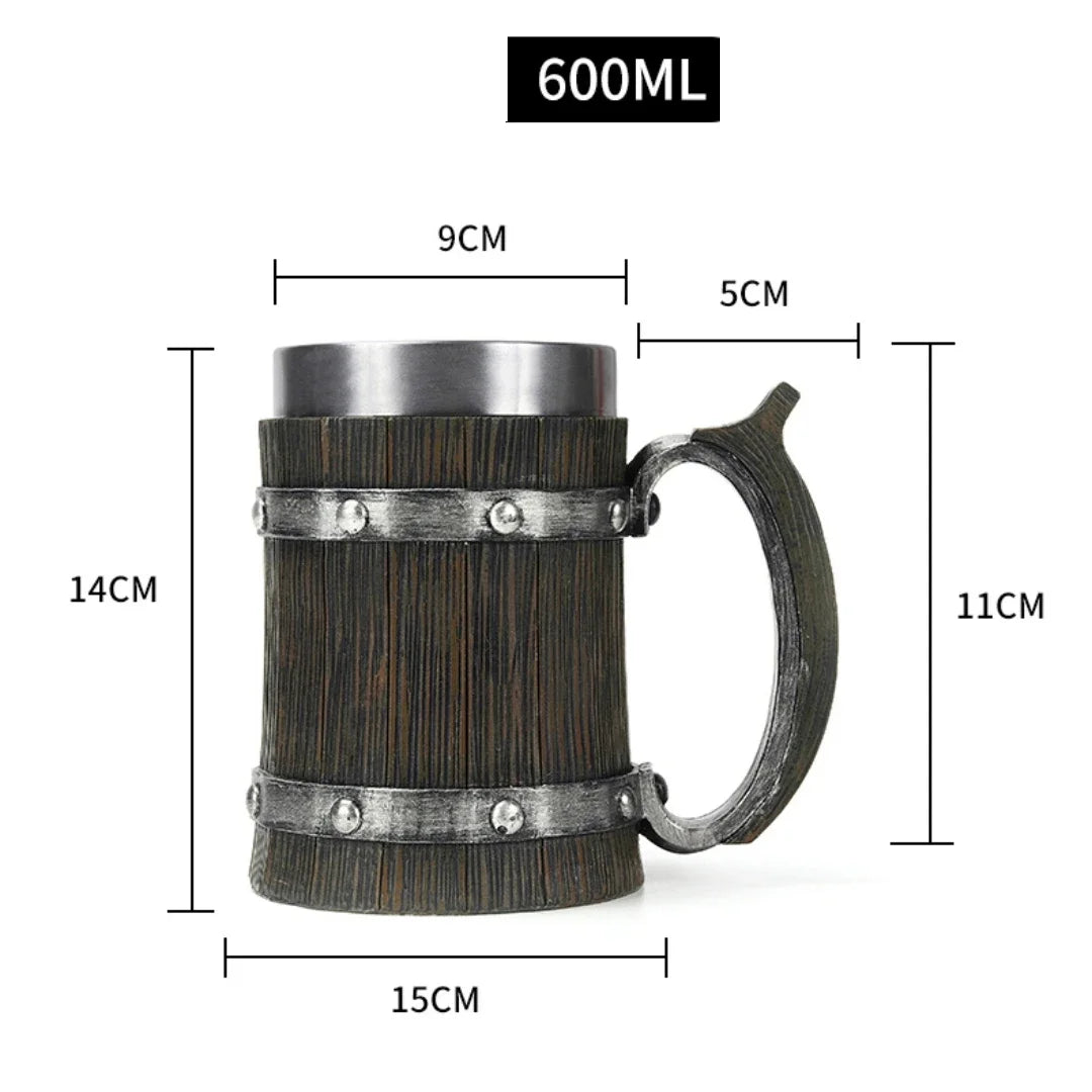 Viking wood style 3D resin stainless steel beer mug with double wall insulation, thermal coffee cup, and wine glass design.