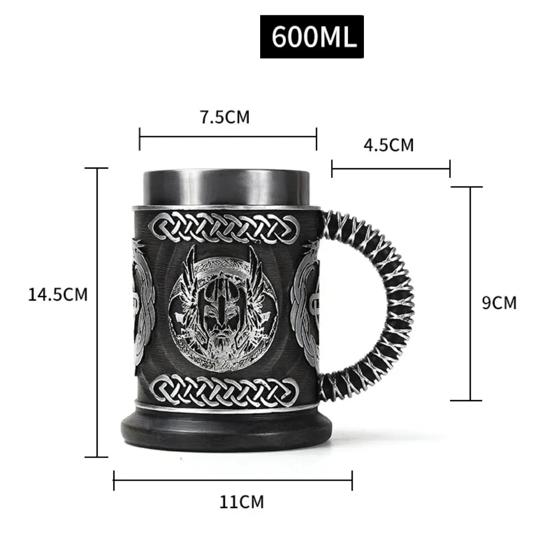 Viking wood style beer mug with 3D resin and stainless steel, double wall thermal design, suitable for beer, coffee, or wine.