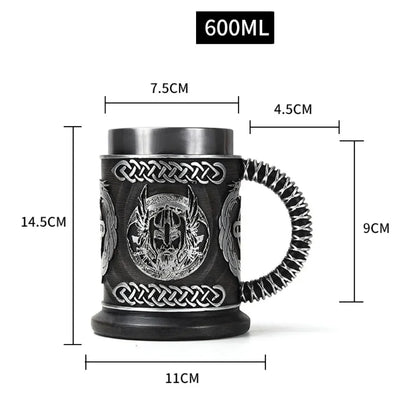 Viking wood style beer mug with 3D resin and stainless steel, double wall thermal design, suitable for beer, coffee, or wine.