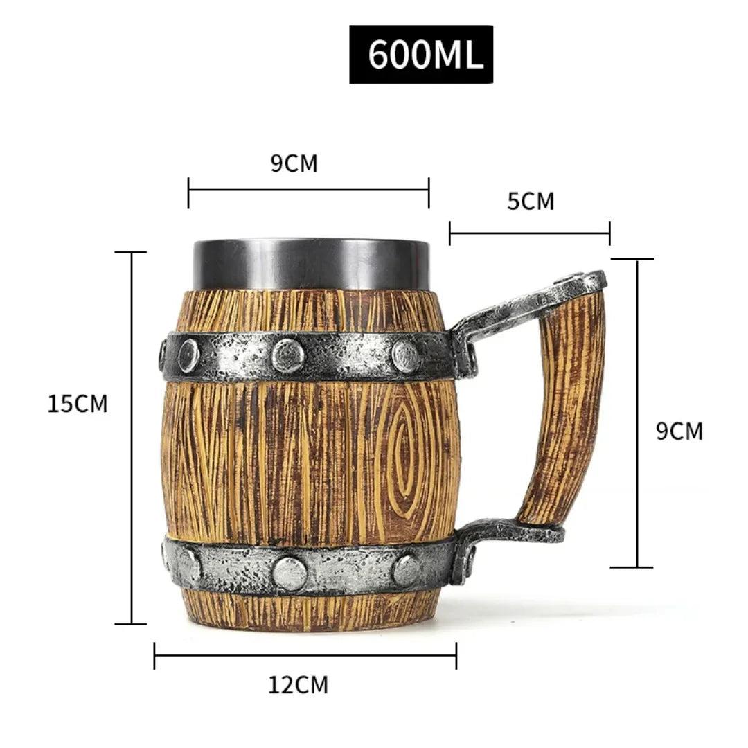 Viking wood style beer mug with 3D resin design, stainless steel, double wall insulation, and thermal features for hot or cold drinks.