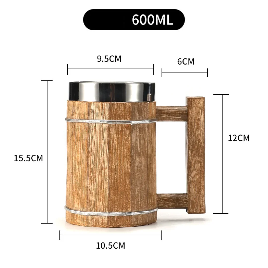 Viking wood style 3D resin beer mug with stainless steel double wall thermal design, suitable for coffee, wine, and beer.