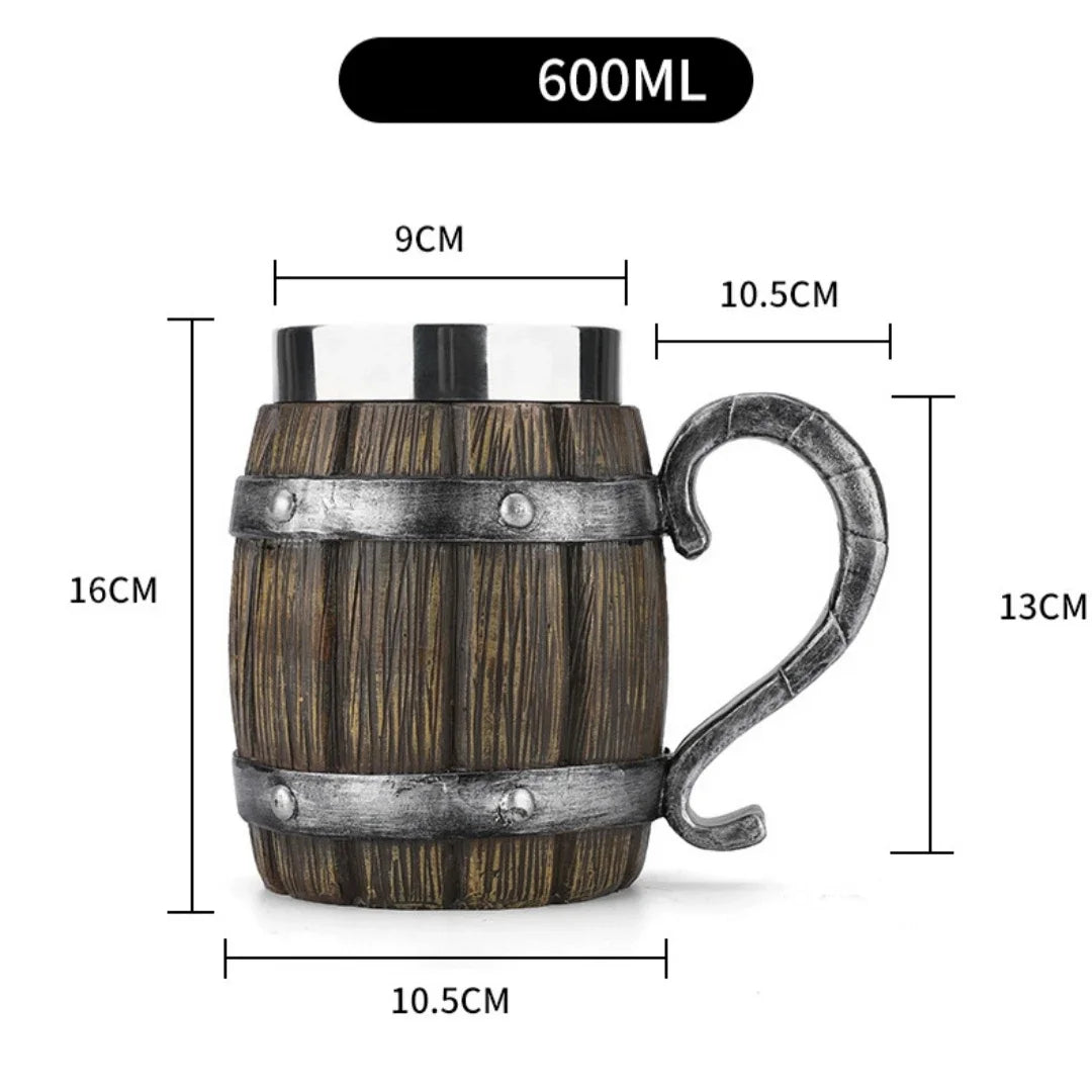 Viking wood style 3D resin beer mug with stainless steel double wall design, suitable for coffee, wine, or beer.