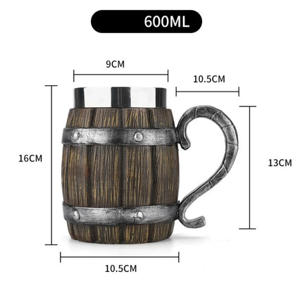 Viking wood style 3D resin beer mug with stainless steel double wall design, suitable for coffee, wine, or beer.