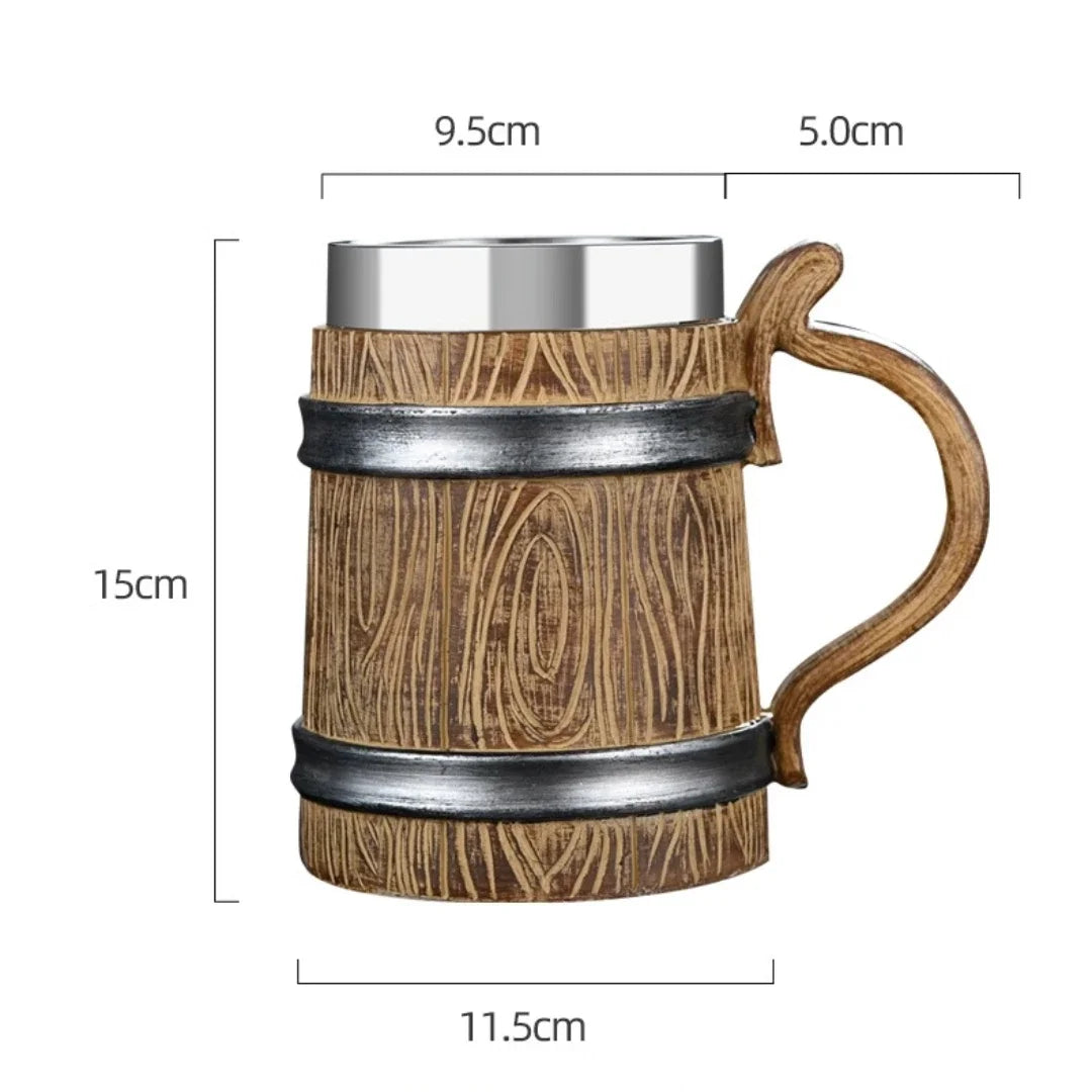 Viking wood style 3D resin stainless steel beer mug with double wall thermal design, suitable for coffee, wine, or beer.