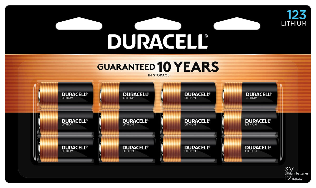 Duracell CR123A 3V lithium batteries in a 12-pack, used for flashlights, security devices, and home automation.