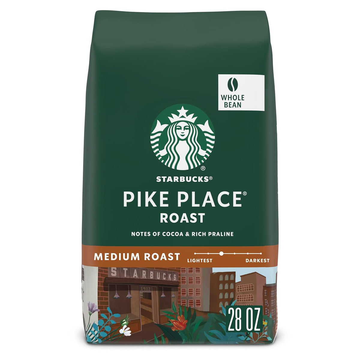 Starbucks Pike Place Roast whole coffee beans, medium roast, 28 oz, ideal for hot or iced coffee brewing.