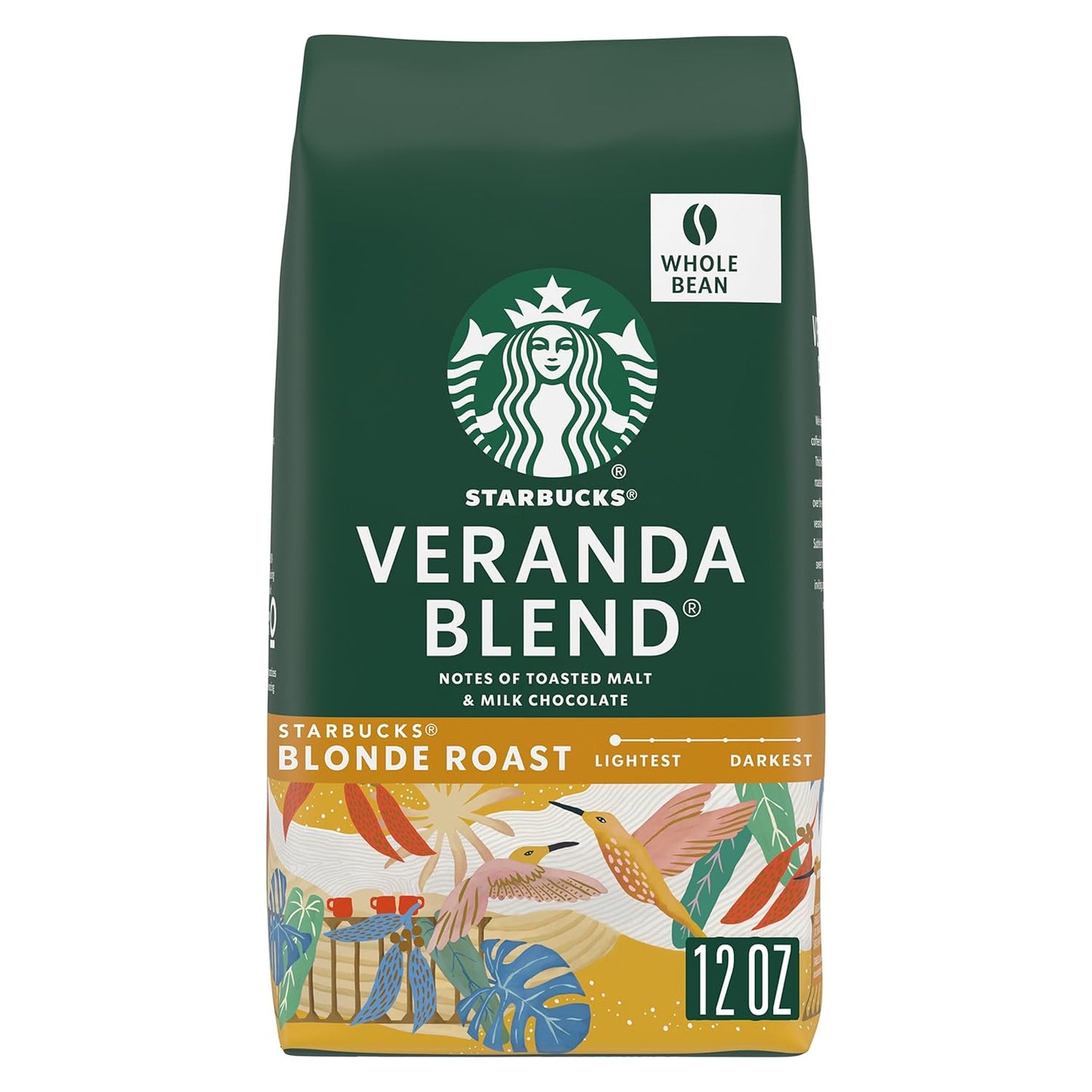 Starbucks Blonde Roast whole coffee beans in a 12 oz bag, ideal for hot or iced Veranda Blend coffee.