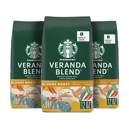 Starbucks Blonde Roast whole coffee beans in a 12 oz package, ideal for hot or iced Veranda Blend coffee.
