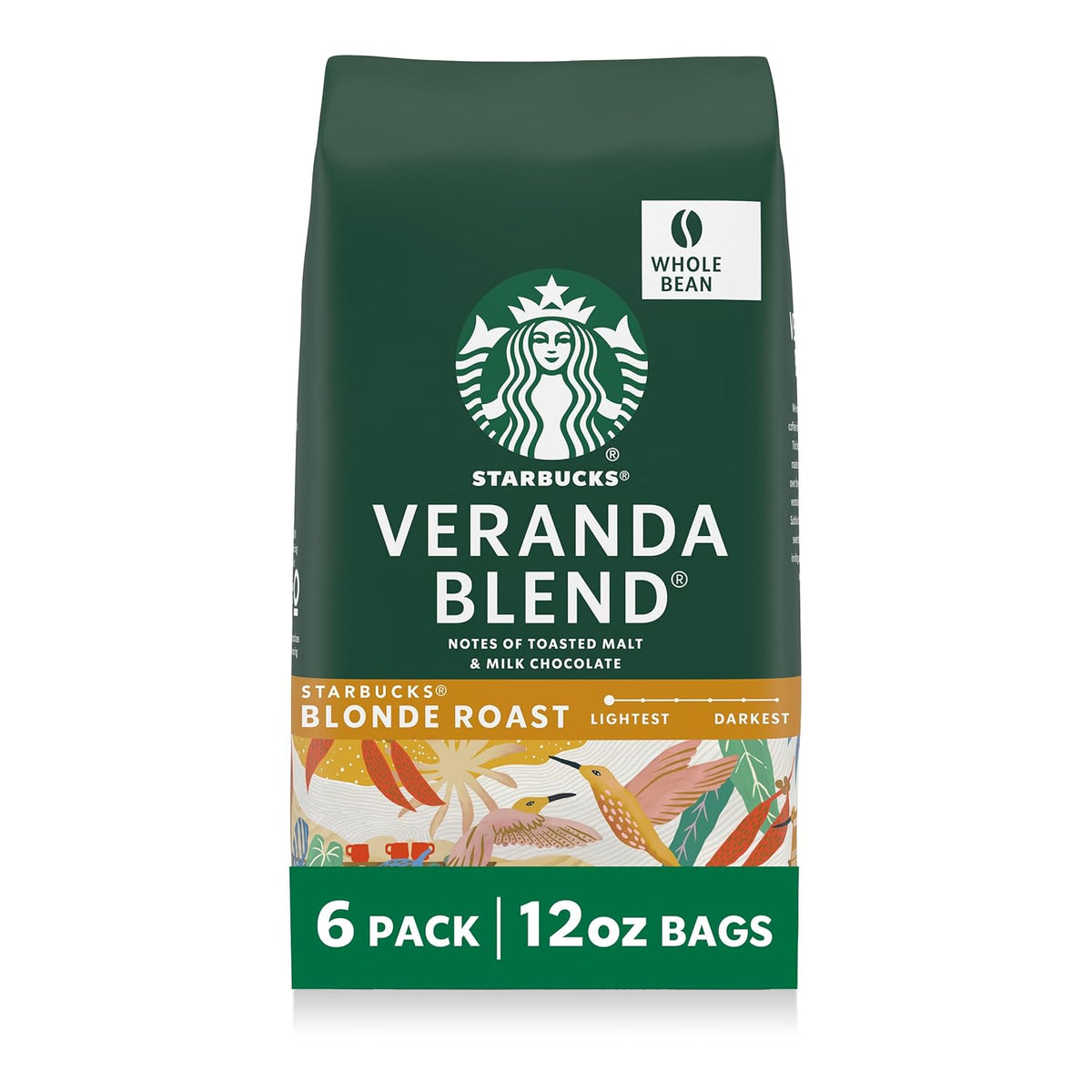 Starbucks Blonde Roast whole coffee beans in a 12 oz bag, ideal for hot or iced Veranda Blend coffee.