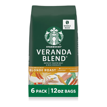 Starbucks Blonde Roast whole coffee beans in a 12 oz bag, ideal for hot or iced Veranda Blend coffee.