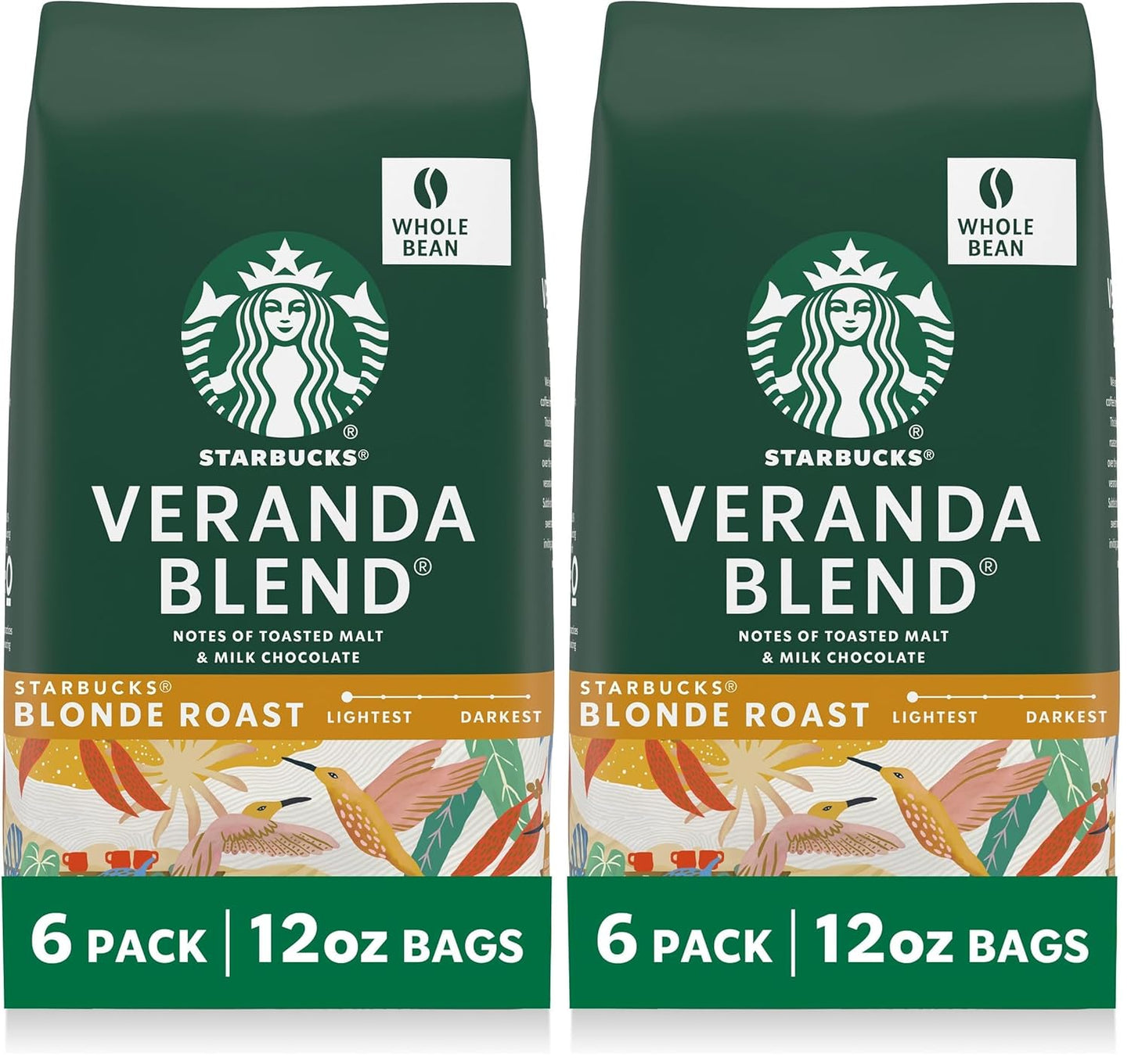 Starbucks Blonde Roast whole coffee beans in a 12 oz package, ideal for hot or iced Veranda Blend coffee.