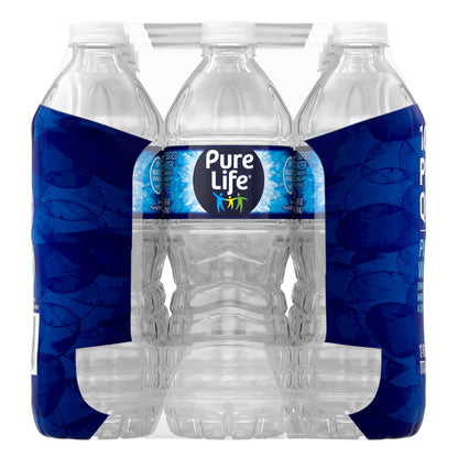 12-pack of Pure Life purified water bottles, 16.9 fl oz each, in clear plastic bottles, labeled with brand and product details.