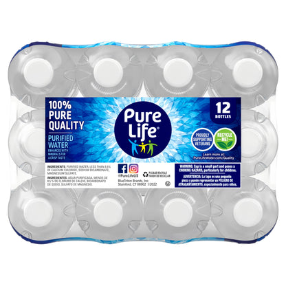 12-pack of Pure Life purified water bottles, 16.9 fl oz plastic bottles, clear water in blue caps.
