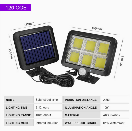 COB LED solar-powered motion sensor security lamp with adjustable brightness and outdoor waterproof design.