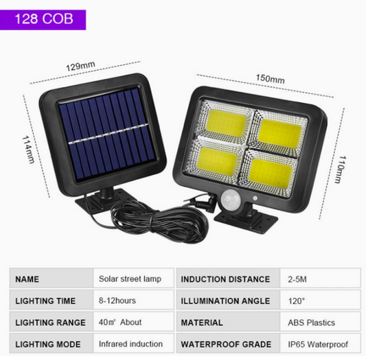 COB LED solar-powered motion sensor security lamp with adjustable brightness and outdoor waterproof design.