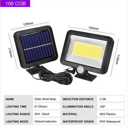 COB LED solar-powered motion sensor security lamp with adjustable settings, ideal for outdoor security lighting.