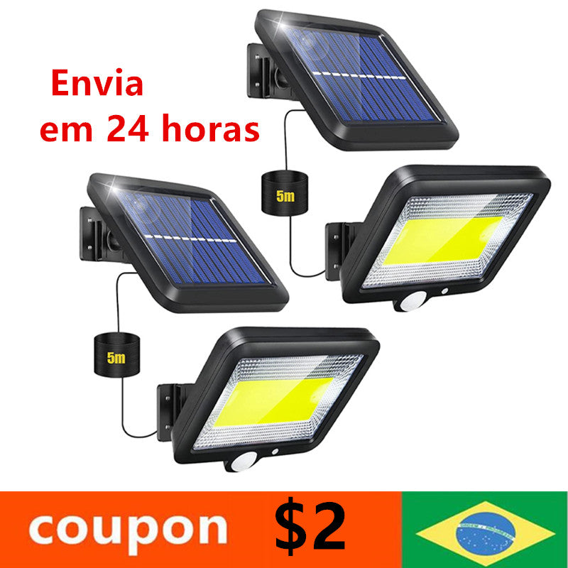COB LED solar-powered motion sensor security lamp with adjustable brightness and outdoor weather-resistant design.