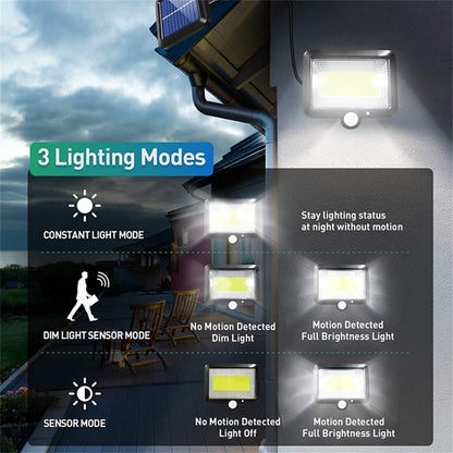 COB LED solar-powered motion sensor security lamp with adjustable brightness and outdoor weather-resistant design.
