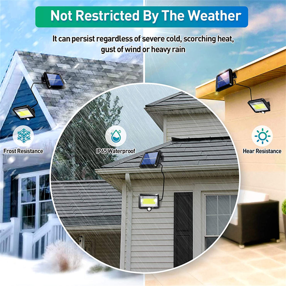 COB LED solar-powered security lamp with motion sensor, outdoor lighting, and adjustable design for enhanced security.