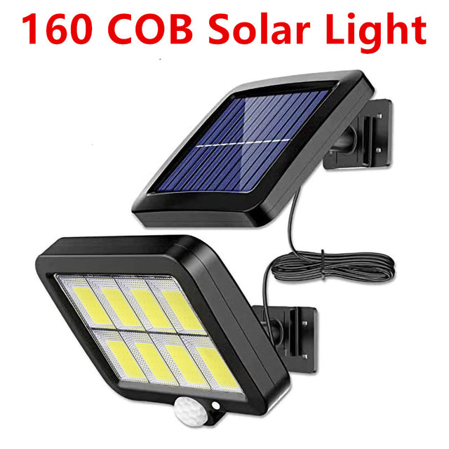 COB LED solar-powered motion sensor security lamp, outdoor lighting with adjustable brightness and automatic activation.
