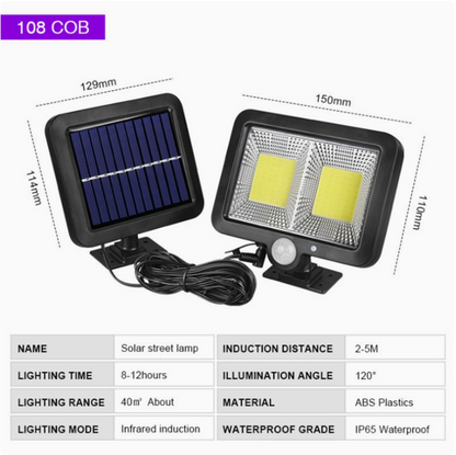 COB LED solar-powered motion sensor security lamp with adjustable brightness and outdoor waterproof design.