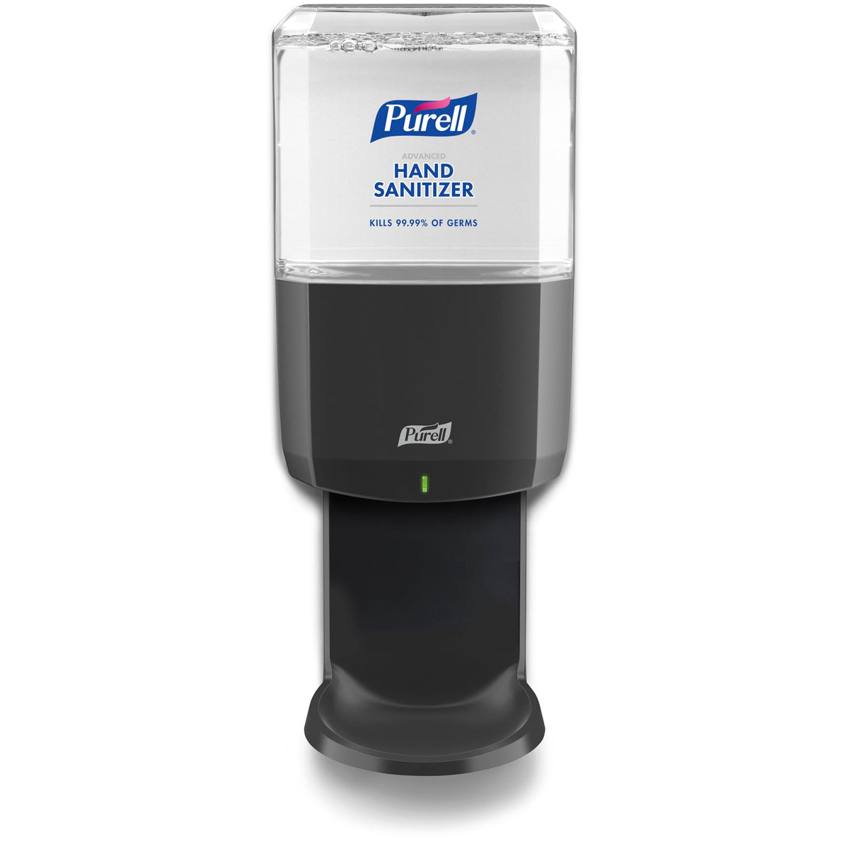 Graphite PURELL ES8 automatic hand sanitizer dispenser with 1200 mL capacity and refill pack of PURELL ES8 sanitizer bottles.