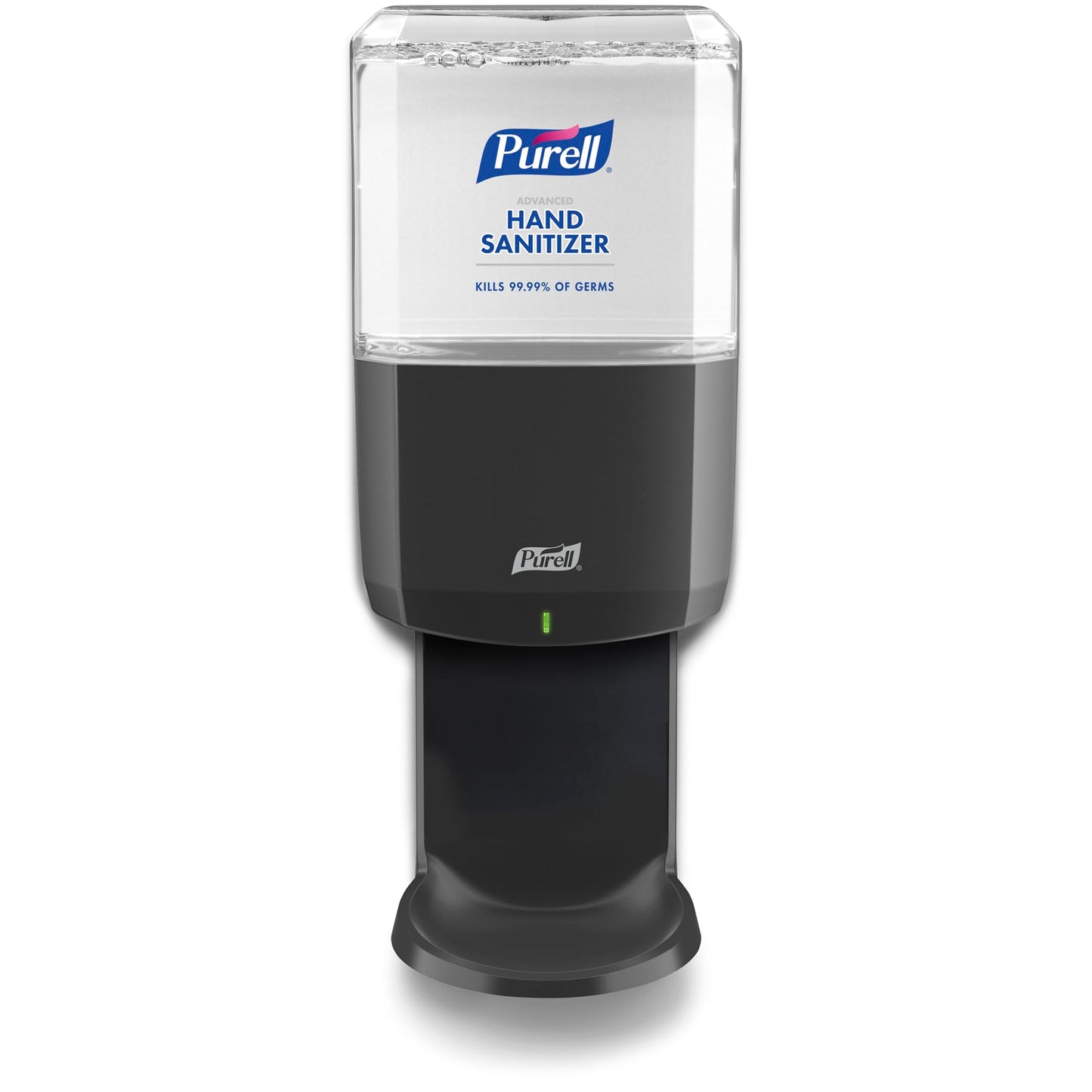 Graphite PURELL ES8 automatic hand sanitizer dispenser with 1200 mL capacity, shown alongside refill pack for touchless sanitizing.