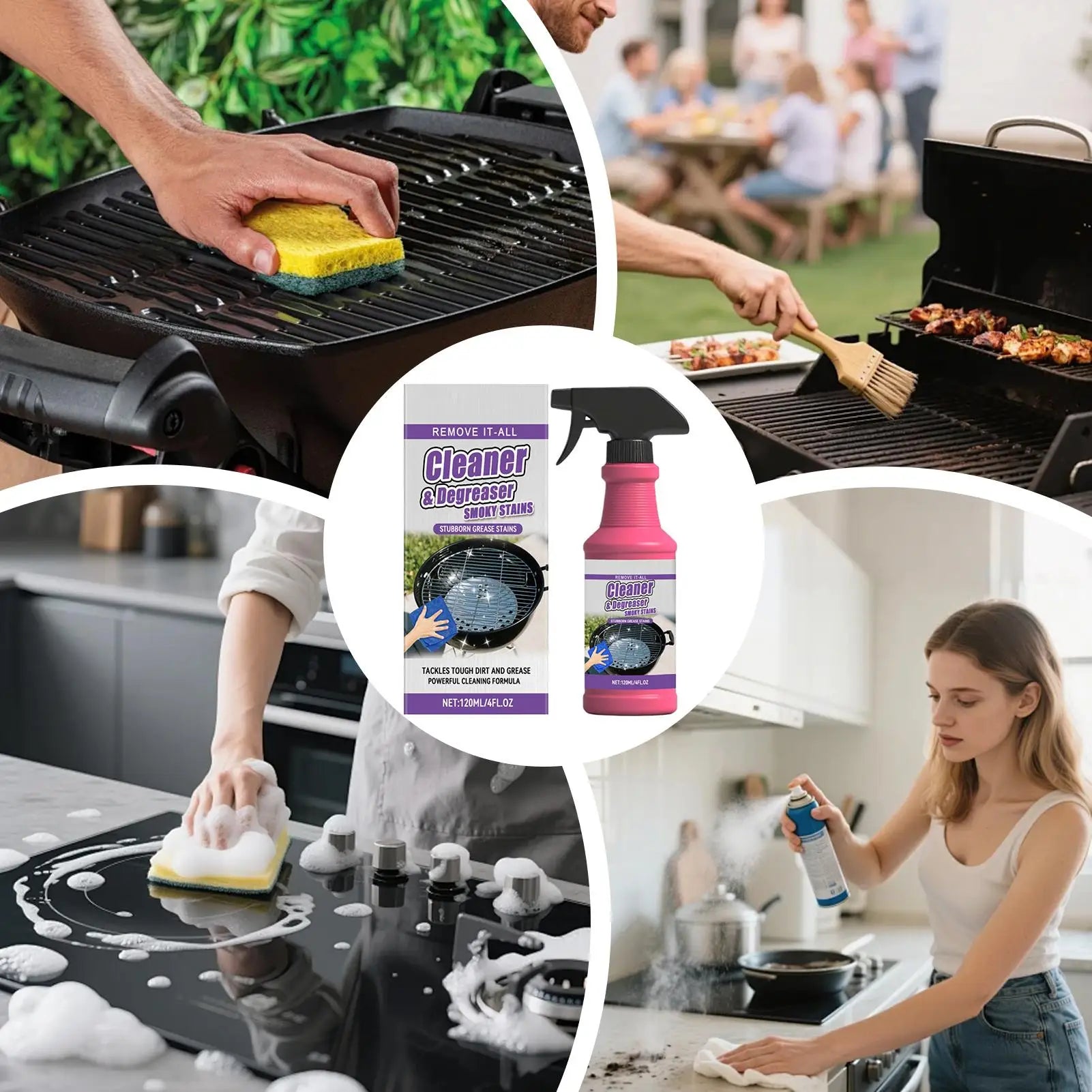 BackupMyFilesNow® 120ml multi-purpose degreaser spray with sponge cloth for cleaning countertops, range hoods, and grates.