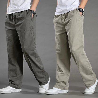Men's black cotton cargo pants with multiple pockets, casual and climbing joggers, suitable for summer, spring, and autumn.