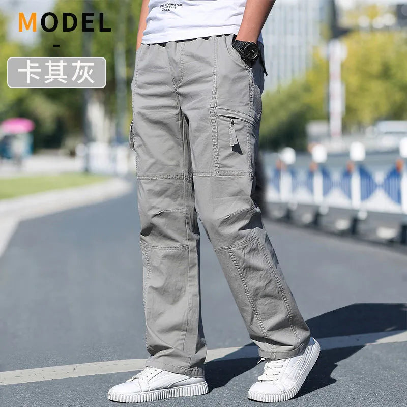 Men's black cotton cargo pants by BACKUPMYFILESNOW.COM®, casual joggers with pockets, suitable for work, climbing, or outdoor activities.