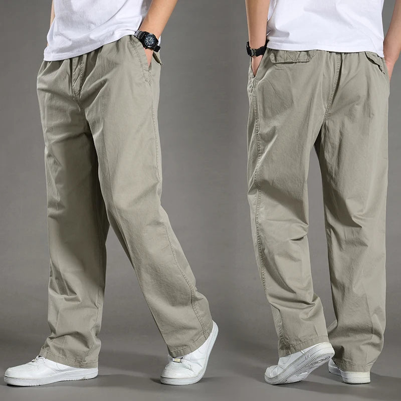 Men's black cotton cargo pants by BACKUPMYFILESNOW®, casual work and climbing joggers with twill fabric for spring and autumn wear.