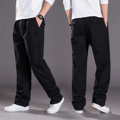 Black cotton men's cargo pants with multiple pockets, casual work and climbing joggers, suitable for summer, spring, and autumn.