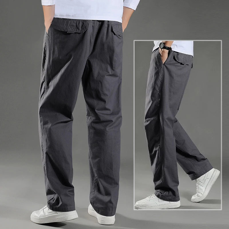 Men's black cotton cargo pants from BACKUPMYFILESNOW.COM®, casual work and climbing joggers with a relaxed fit for spring and summer.