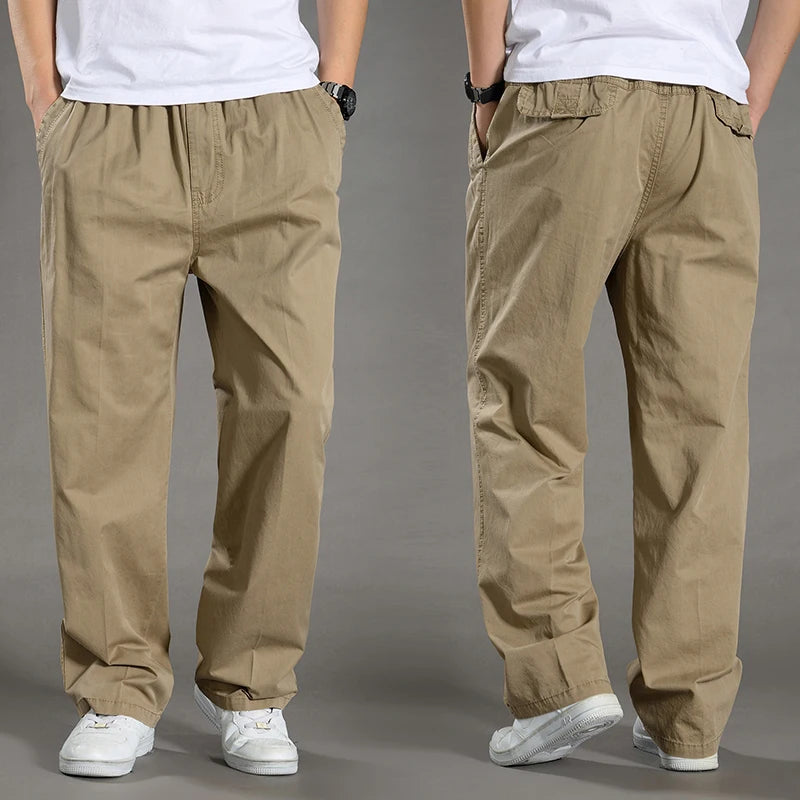 Men's black cotton cargo pants with multiple pockets, casual work and climbing joggers, suitable for spring and autumn.