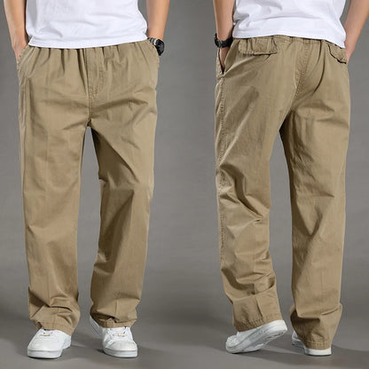 Men's black cotton cargo pants with multiple pockets, casual work and climbing joggers, suitable for spring and autumn.