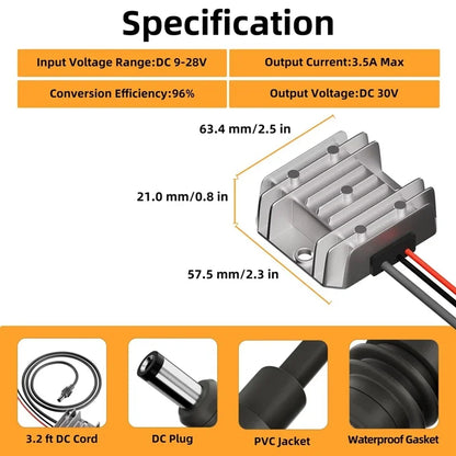 Starlink GEN3105W mini power converter from BACKUPMYFILESNOW.COM, waterproof DC power supply with battery clip for RV and China.