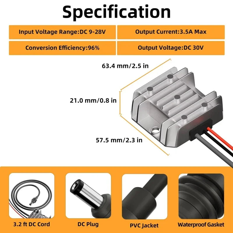 Starlink GEN3105W mini power converter from BACKUPMYFILESNOW.COM, 12V/24V to 30V 3.5A boost power supply with battery clip for RV.