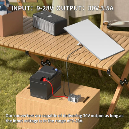 BackupMyFilesNow Starlink mini step-up power cable converts 12V/24V to 30V at 3.5A with DC input and output connectors.