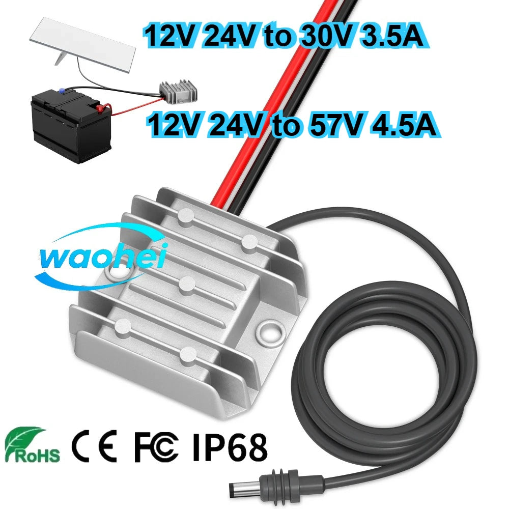 Starlink Mini 12V DC step-up converter with power cord, showing input and output ports for satellite internet equipment.