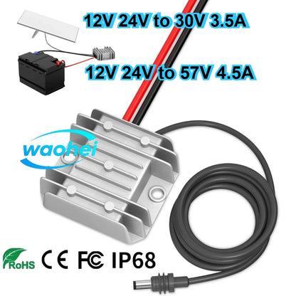 Starlink Mini 12V DC step-up converter with power cord, showing input and output ports for satellite internet equipment.