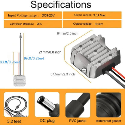 Starlink Mini 12V DC step-up converter with power cord, 9-28V input, 57V 4.5A output, used for Starlink Mini satellite systems.
