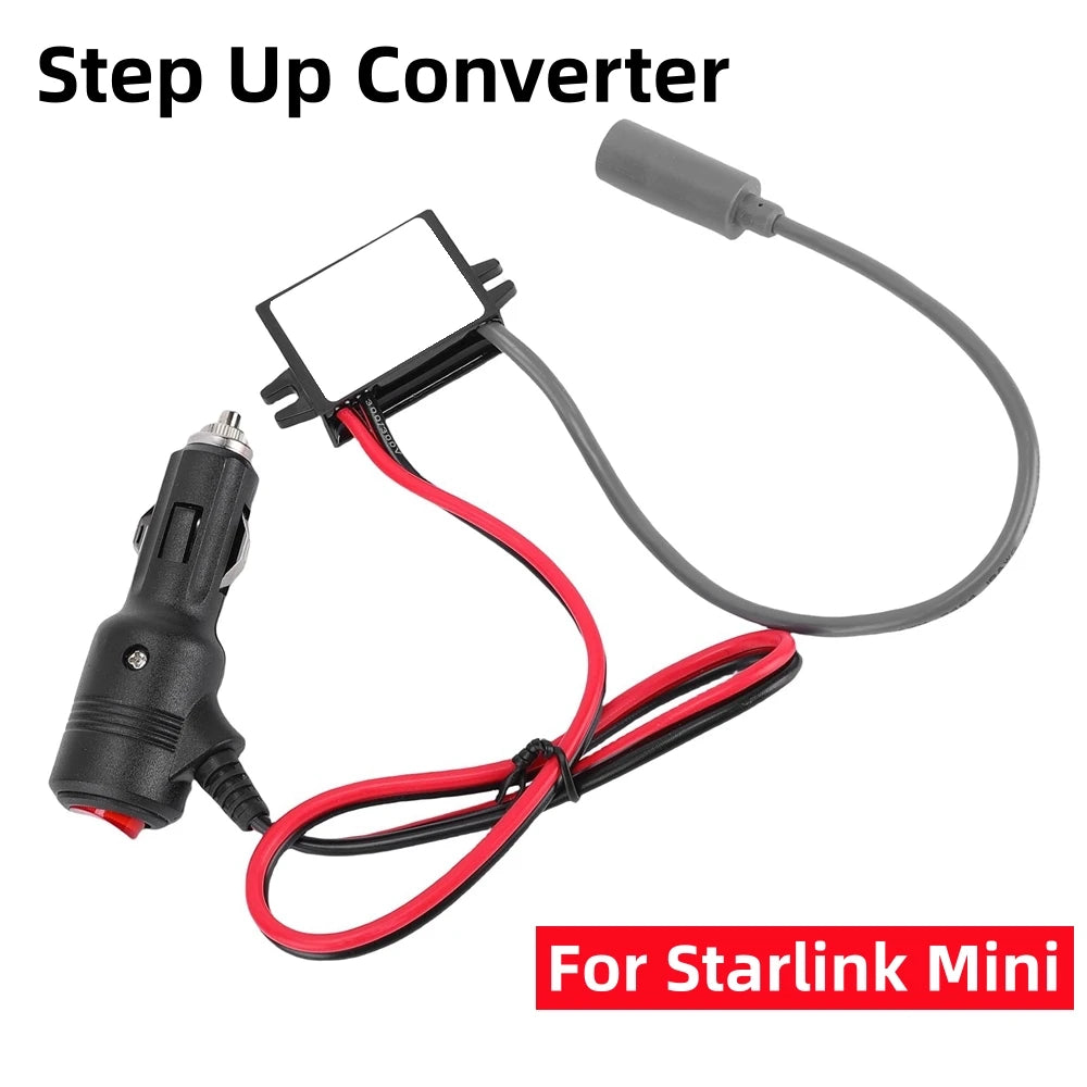 Starlink Mini car power adapter by BACKUPMYFILESNOW.COM, step-up converter from 12V/24V to 30V, 3.5A DC output for satellite internet.