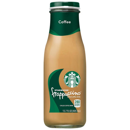 12-pack of Starbucks Frappuccino Coffee Drink bottles with caramel flavor, 13.7 fl oz each, in a plastic bottle container.