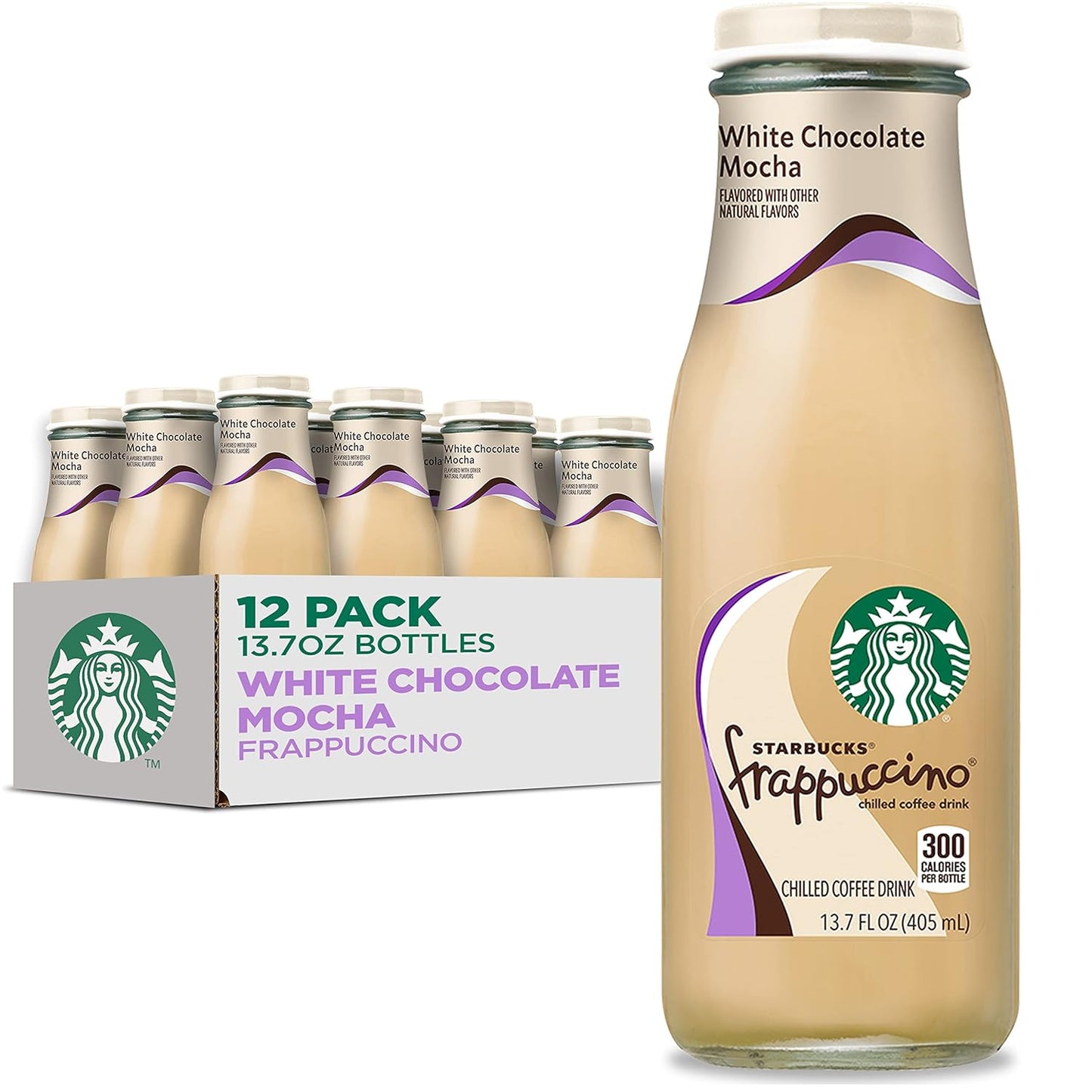 12-pack of Starbucks Mocha Frappuccino coffee drinks in 13.7 fl oz bottles, featuring caramel flavor and creamy coffee beverage.