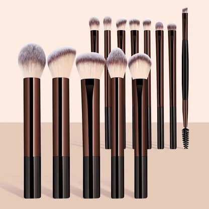 Set of 13 makeup brushes including foundation, concealer, eyeshadow, blush, and kabuki brushes for face makeup application.
