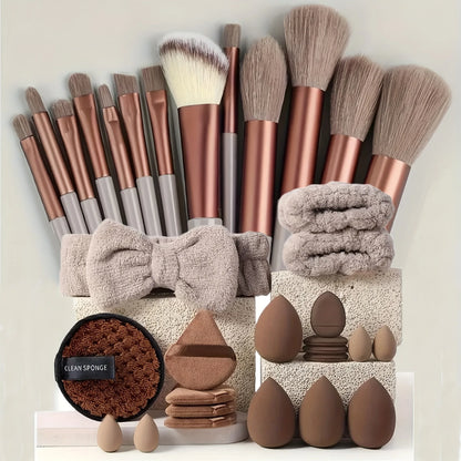 33-piece BackupMyFilesNow.com beauty makeup kit with large and small sponges for flawless makeup application and removal.