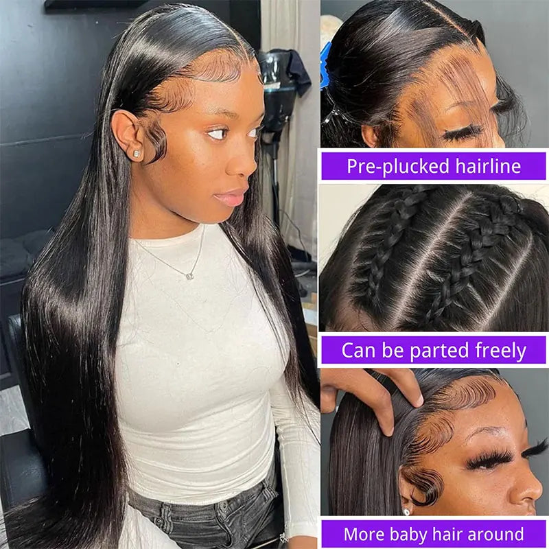 Malaysian human hair lace front wig, 13x6 bone straight, 30-inch pre-plucked lace frontal wig for women, natural hair appearance
