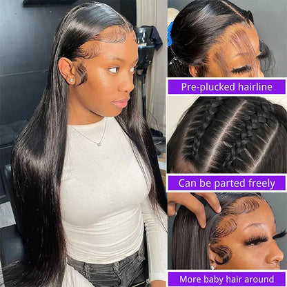 Malaysian human hair lace front wig, 13x6 bone straight, 30-inch pre-plucked lace frontal wig for women, natural hair appearance