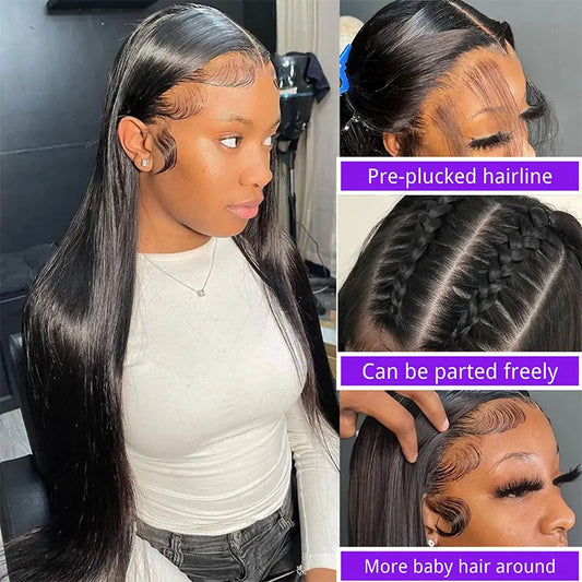 Malaysian human hair lace front wig, 13x6 bone straight, 30-inch pre-plucked lace frontal wig for women, natural hair appearance